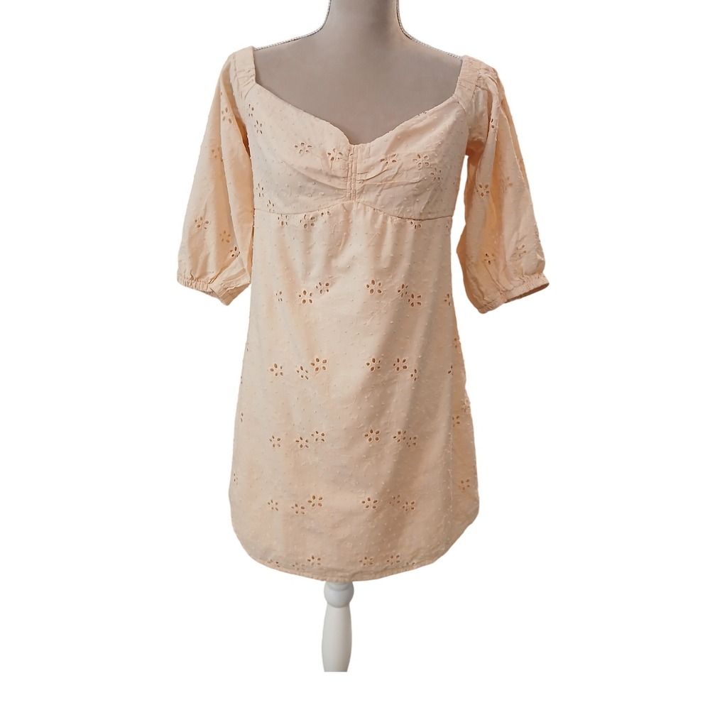 City Studio Peach Eyelet Square Neck Puff Sleeve Mini Dress Milkmaid Babydoll XL